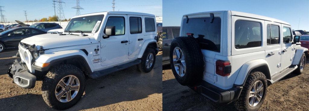 image of White Jeep Wrangler from two angles showing used jeep parts in a used auto parts yard